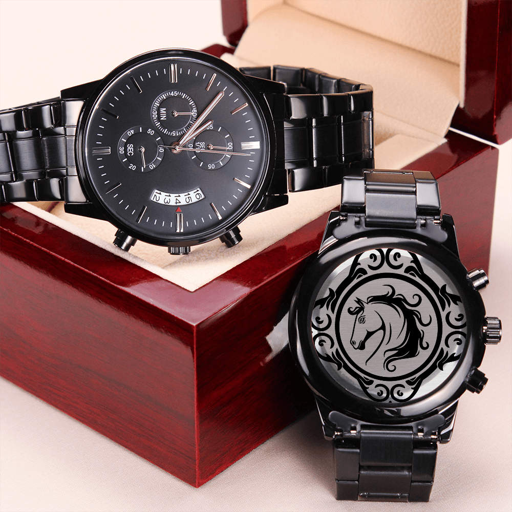 Horse in Ornate Frame Engraved Design Black Chronograph Watch