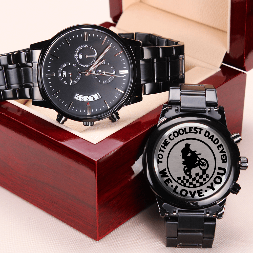 To the Coolest Dad Motocross Rider Engraved Black Chronograph Watch