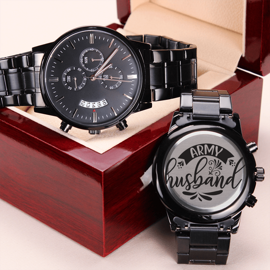 Army Husband Engraved Design Black Chronograph Watch