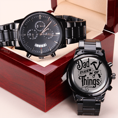 Dad Fixer of Things Engraved Design Black Chronograph Watch