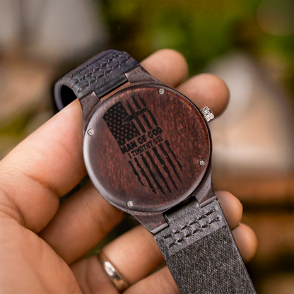 American Flag Man of God Faith Based Engraved Wooden Watch