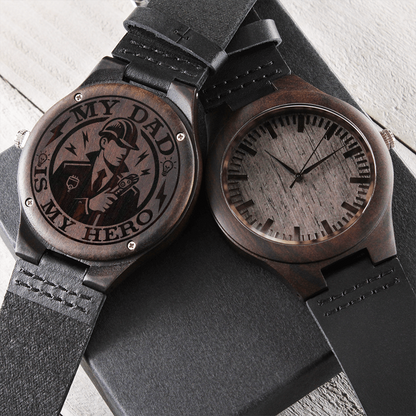 My Dad is My Hero Electrician Engraved Wooden Watch with Leather Strap