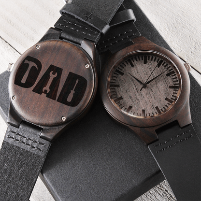 Celebrate Dad with Tools Engraved Wooden Watch with Leather Strap
