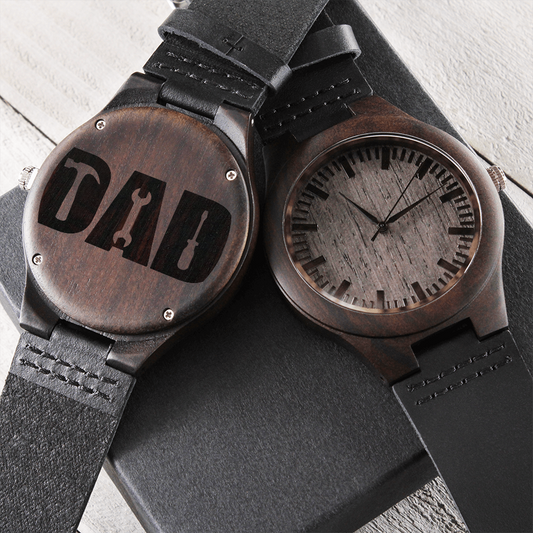 Celebrate Dad with Tools Engraved Wooden Watch with Leather Strap