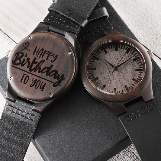 Happy Birthday to You Engraved Wooden Watch with Leather Strap