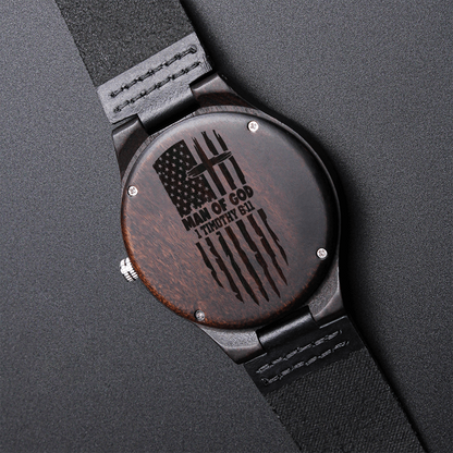 American Flag Man of God Faith Based Engraved Wooden Watch
