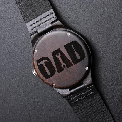 Celebrate Dad with Tools Engraved Wooden Watch with Leather Strap