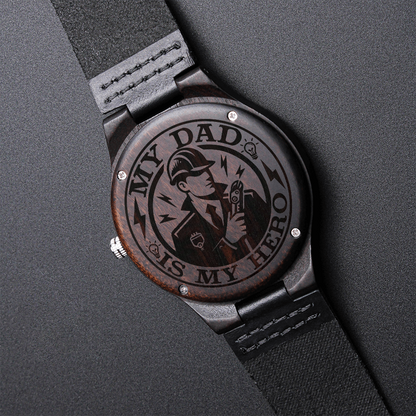 My Dad is My Hero Electrician Engraved Wooden Watch with Leather Strap