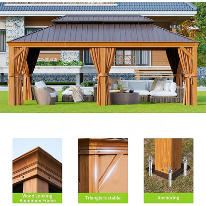 [12X20FT] Alora Premium Large Aluminum Hardtop Gazebo W/ Netting, Privacy Curtains And Wood Grain Finish (SAK58374)
