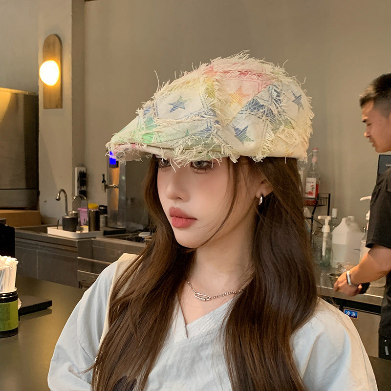 Colorful Plaid Star Distressed Beret — Korean Style Five-Pointed Hat