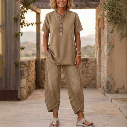 Women's Lapel Button-Up Top & Pants Two-Piece Set – Three-Quarter Sleeve