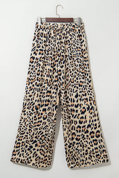 Parchment Leopard Drawstring Elastic Waistband Flowy Wide Leg Pants