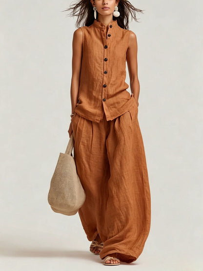 Women's Cotton-Linen Sleeveless Crewneck Vest & Pants Set