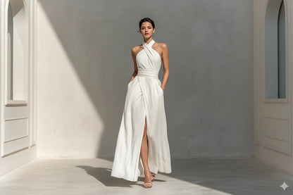 Sleeveless Elegant Slim-Fit Pure White Dress