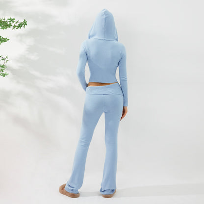 Women’s Knitted Hooded Two-Piece Set – Cardigan & High-Waisted Pants Suit
