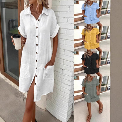 Women's Casual Loose Short-Sleeve Midi Shirt Dress – Button-Down