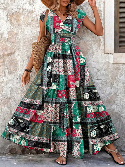 Women's V-Neck Floral Print A-Line Midi Dress – High Waist Sleeveless