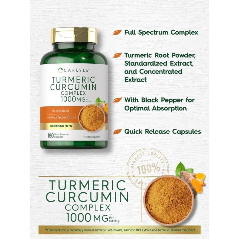Carlyle Turmeric Curcumin with Black Pepper 1000Mg | 180 Capsules | Turmeric Complex Supplement | Non-Gmo, Gluten Free