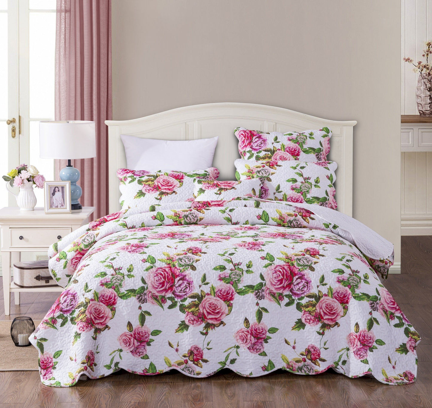 DaDa Bedding Pink Romantic Roses Floral Quilt Set