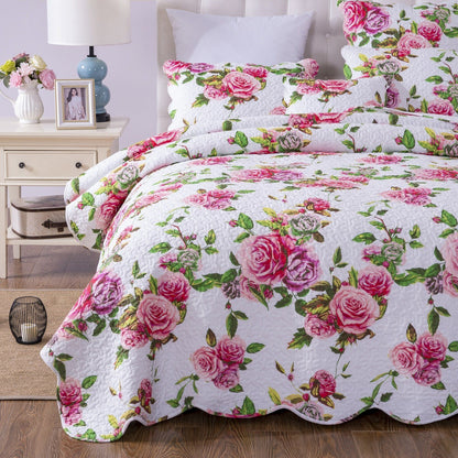 DaDa Bedding Pink Romantic Roses Floral Quilt Set