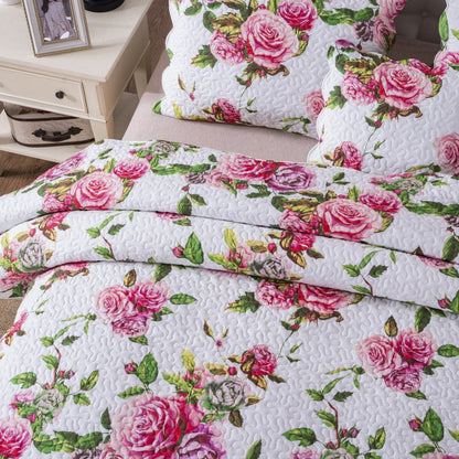 DaDa Bedding Pink Romantic Roses Floral Quilt Set