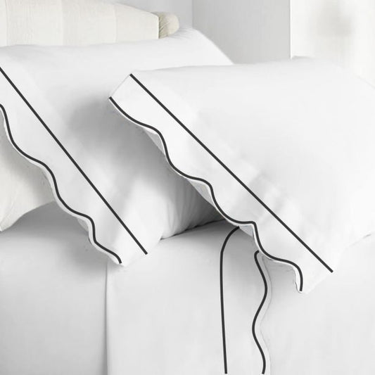 400TC Cotton Scallop Embroidery & Border Sateen Solid Sheet Set