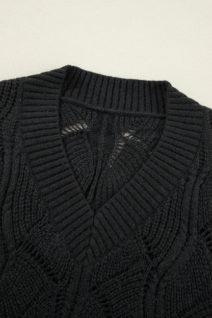 Black Hollow Out Knit V-neck Drop Shoulder Sweater