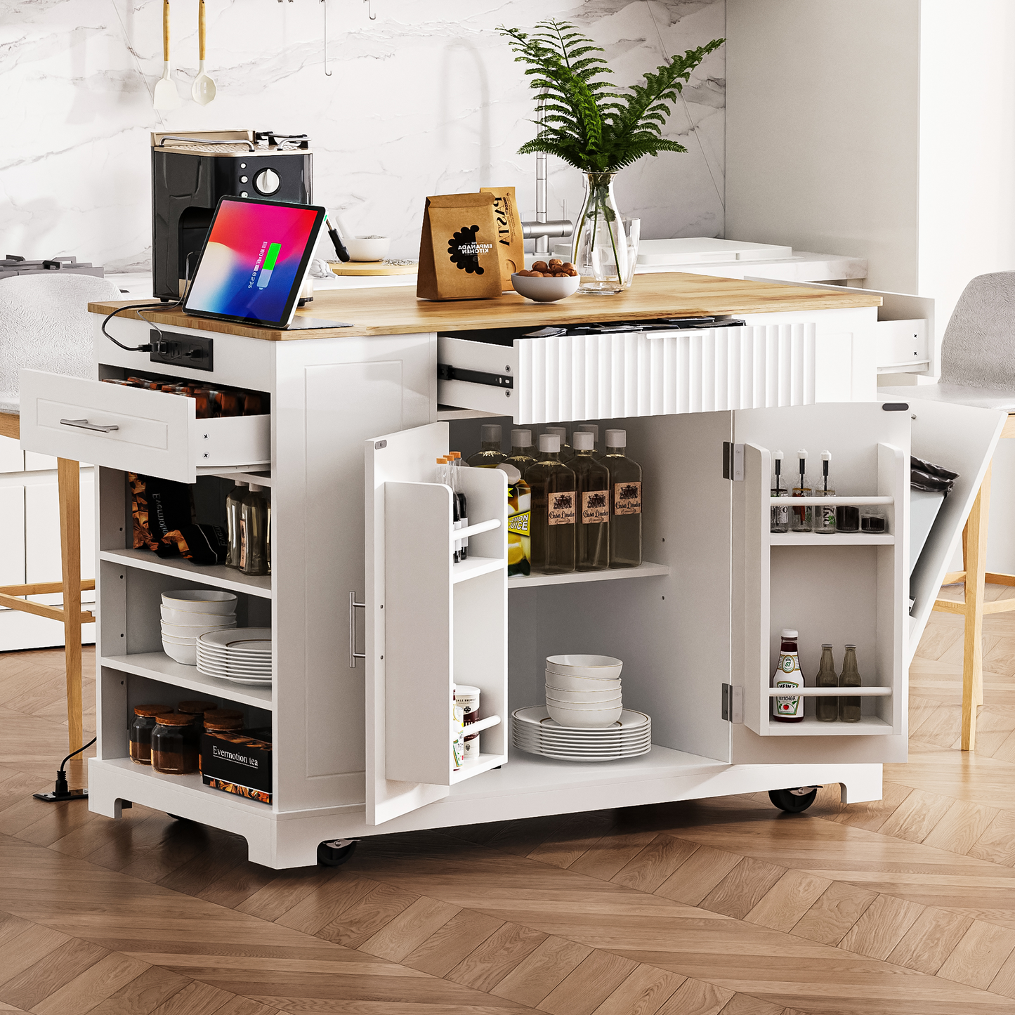 K&K Fluted Kitchen Island with Trash Can Storage Cabinet, Power Outlet, Internal Storage Rack, Rolling Kitchen Islands on 5 Wheels with 3 Drawer, 3 Open Side Racks for 10 Gallon Garbage Bin, White