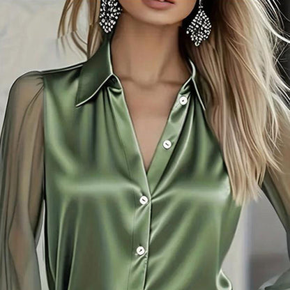Women's Elegant Satin Blouse With Mesh Sleeves