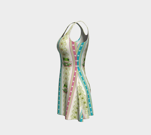 Green Frog Striped Short Flared Dress