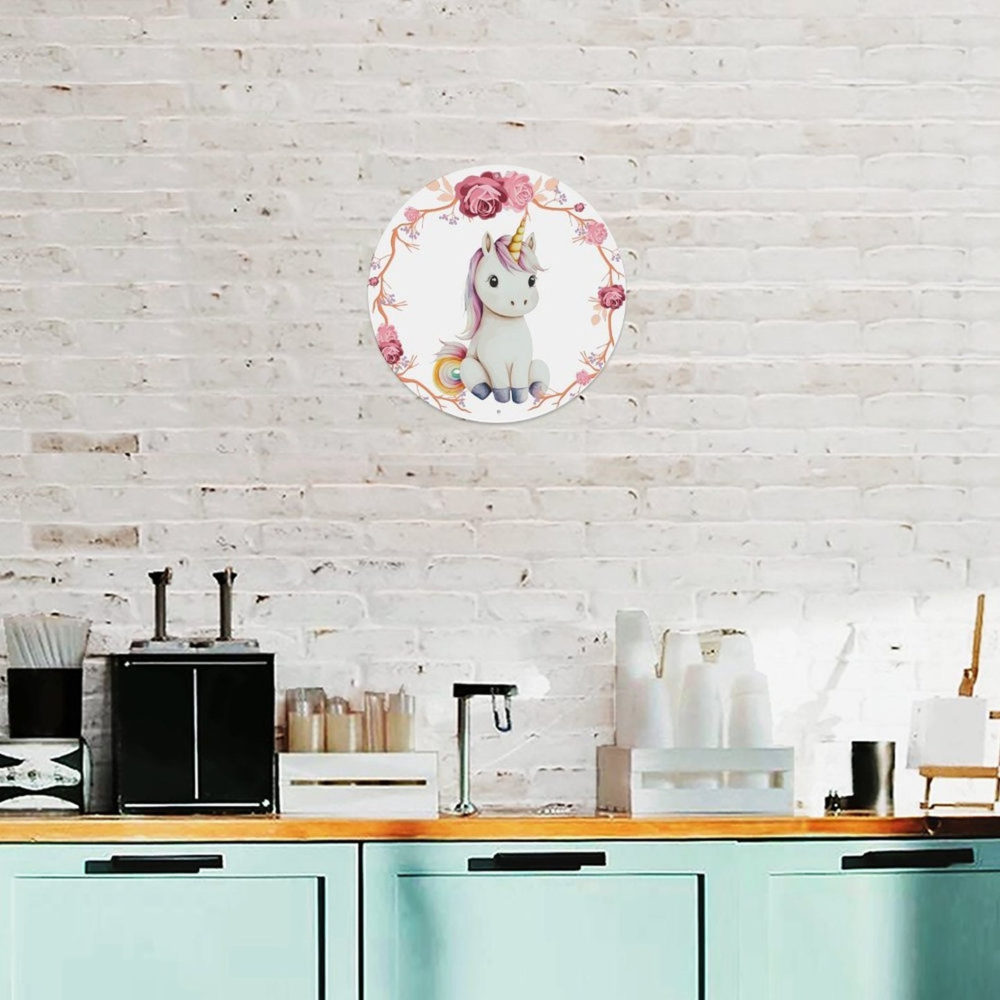 Baby Unicorn with Pink Roses Round Aluminum Plaque Painting