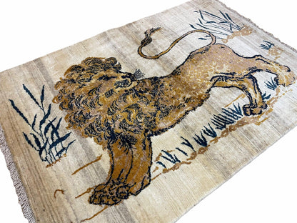 3.5 X 4 Handmade Hand-Knotted New Vintage Rug Quality Wool Lion Organic Dyes