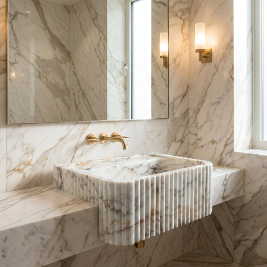 Calacatta Gold Marble Wall-mount Bathroom Vanity Sink Fluted (W)18" (L)36" (H)7"