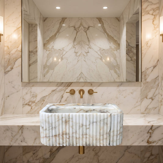 Calacatta Gold Marble Wall-mount Bathroom Vanity Sink Fluted (W)18" (L)36" (H)7"