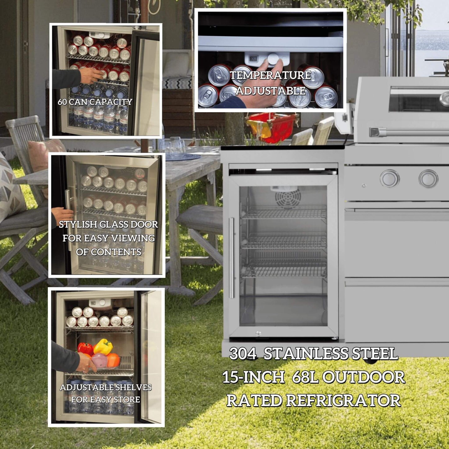 Castelle Flame Capri 96-Inch 6-Burner 85000 BTU Outdoor Kitchen Liquid Propane Grill Island With Fridge (SAK42895)