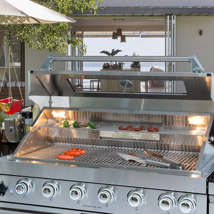 Castelle Flame Valmont 43-Inch 6-Burner 85K BTU Outdoor BBQ Kitchen Grill Island With Granite Countertops, Rotisserie Kit, Cabinets, And Sink (SAK73518)