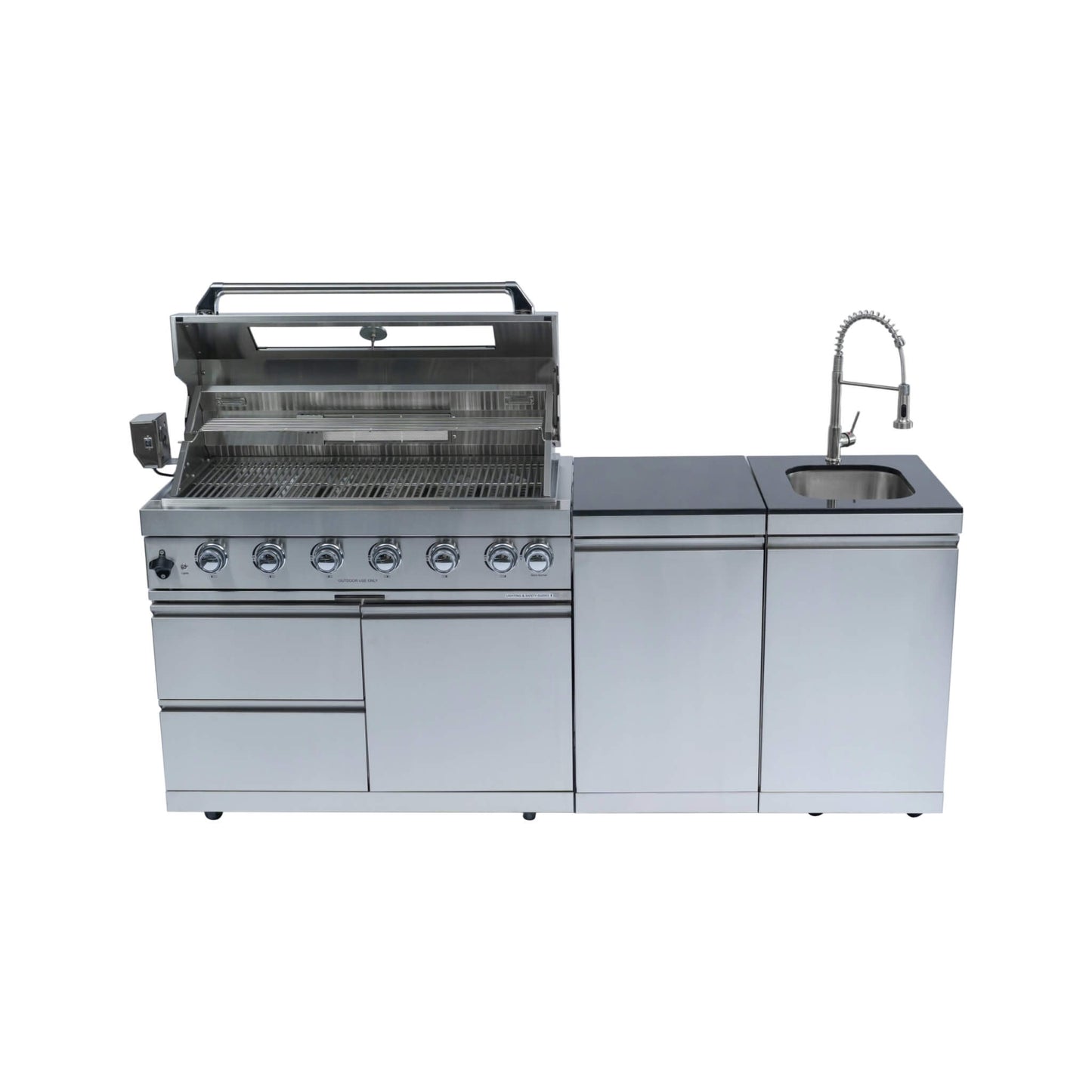 Castelle Flame Valmont 43-Inch 6-Burner 85K BTU Outdoor BBQ Kitchen Grill Island With Granite Countertops, Rotisserie Kit, Cabinets, And Sink (SAK73518)
