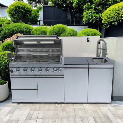 Castelle Flame Valmont 43-Inch 6-Burner 85K BTU Outdoor BBQ Kitchen Grill Island With Granite Countertops, Rotisserie Kit, Cabinets, And Sink (SAK73518)