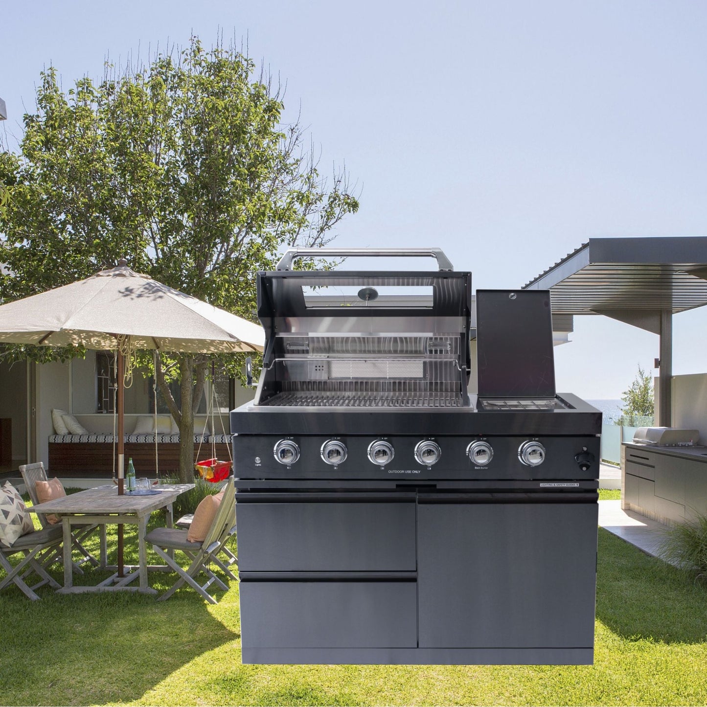 Castelle Flame Ember Premium Black Stainless Steel 4-Burner Liquid Propane Kitchen Grill Island With Rotisserie Kit (SAK48157)