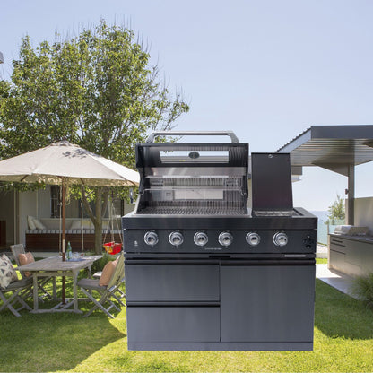 Castelle Flame Ember Premium Black Stainless Steel 4-Burner Liquid Propane Kitchen Grill Island With Rotisserie Kit (SAK48157)