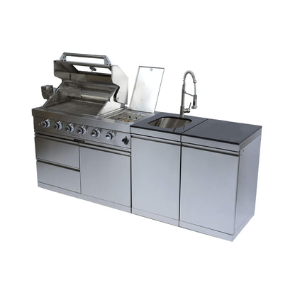 Castelle Flame Aurelia 46-Inch 4-Burner 72K BTU Stainless Steel Outdoor BBQ Kitchen Grill Island With 46-Inch 4-Burner 85K BTU Grill, Rotisserie Kit, And Cabinets (SAK93192)