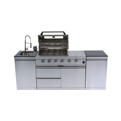 Castelle Flame Aurelia 46-Inch 4-Burner 72K BTU Stainless Steel Outdoor BBQ Kitchen Grill Island With 46-Inch 4-Burner 85K BTU Grill, Rotisserie Kit, And Cabinets (SAK93192)