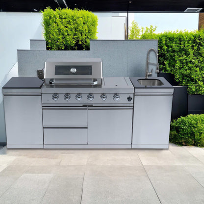 Castelle Flame Aurelia 46-Inch 4-Burner 72K BTU Stainless Steel Outdoor BBQ Kitchen Grill Island With 46-Inch 4-Burner 85K BTU Grill, Rotisserie Kit, And Cabinets (SAK93192)