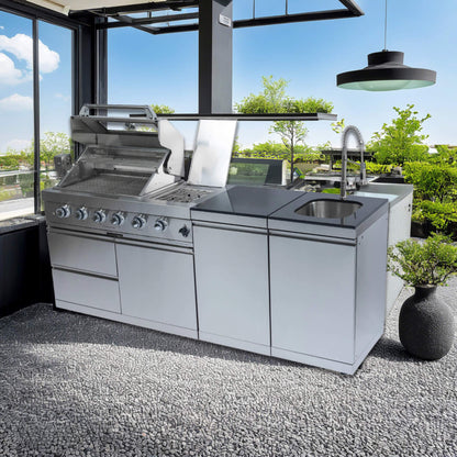 Castelle Flame Aurelia 46-Inch 4-Burner 72K BTU Stainless Steel Outdoor BBQ Kitchen Grill Island With 46-Inch 4-Burner 85K BTU Grill, Rotisserie Kit, And Cabinets (SAK93192)
