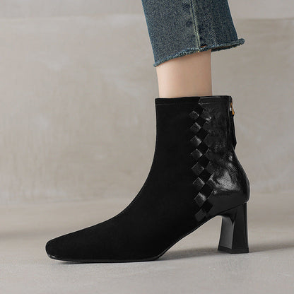 Women's Sheepskin Square Toe Chunky Heel Ankle Boots – Korean Patchwork Style