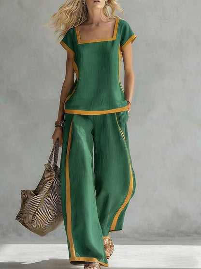 Women’s Square Neck Short Sleeve Two Piece Pants Set