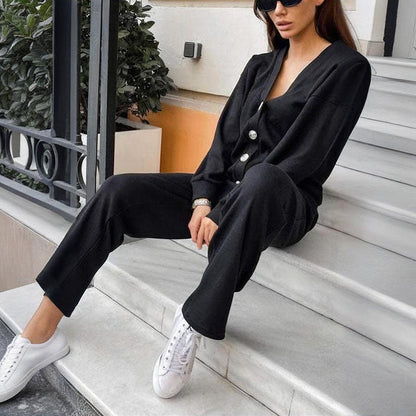 Casual Knit Cardigan With Pocket & Drawstring Lounge Pants