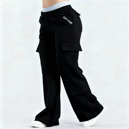Women's Loose-Fit Casual Pants with Pockets – Solid Color Two-Tone Label