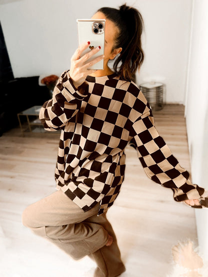 Checkered Corded Crew Sweater Set