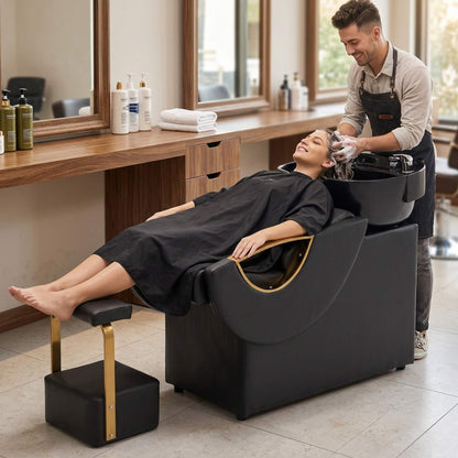 Commercial Black And Gold Shampoo Bowl Chair Set With Footrest (SAK43716)